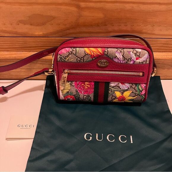 Gucci Ophidia Red Flora Small Camera Leather Canvas Flower Handbag Bag Italy - Picture 1 of 11